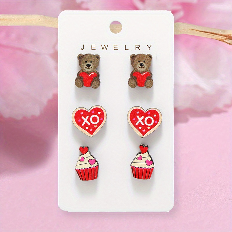 6 Pairs Women's Fashion Cartoon Bear & Rose Stud Earrings